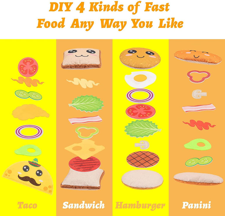 D-FantiX 34Pcs Play Food Sets for Kids Kitchen, 4 in 1 Kids Felt Food Toy with Cute Emotion, Fake Food Playset, Hamburger Sandwich Taco Panini DIY Food Toy Set Christmas Bithday Gift Party Supplies