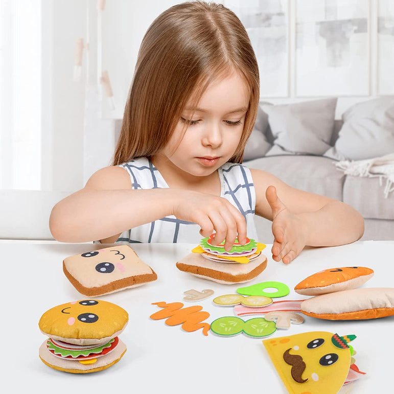 D-FantiX 34Pcs Play Food Sets for Kids Kitchen, 4 in 1 Kids Felt Food Toy with Cute Emotion, Fake Food Playset, Hamburger Sandwich Taco Panini DIY Food Toy Set Christmas Bithday Gift Party Supplies