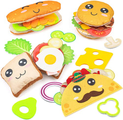 D-FantiX 34Pcs Play Food Sets for Kids Kitchen, 4 in 1 Kids Felt Food Toy with Cute Emotion, Fake Food Playset, Hamburger Sandwich Taco Panini DIY Food Toy Set Christmas Bithday Gift Party Supplies
