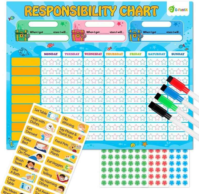 D-FantiX Magnetic Responsibility Chart, Chore Chart for Multiple Kids, My Star Reward Chart Daily Routine Good Behavior Charts Dry Erasable for Toddlers at Home