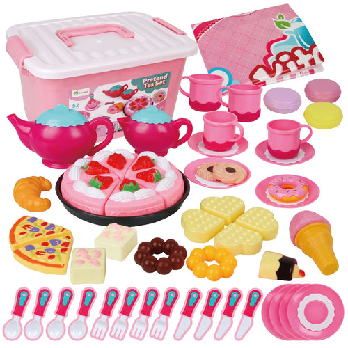 D-FantiX Kids Tea Set for Little Girls, 52Pcs Pretend Play Princess Tea Party Set for Toddlers Toy Tea Playset Play Food Accessories