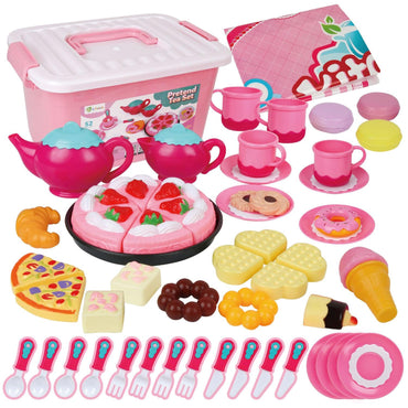 D-FantiX Kids Tea Set for Little Girls, 52Pcs Pretend Play Princess Tea Party Set for Toddlers Toy Tea Playset Play Food Accessories