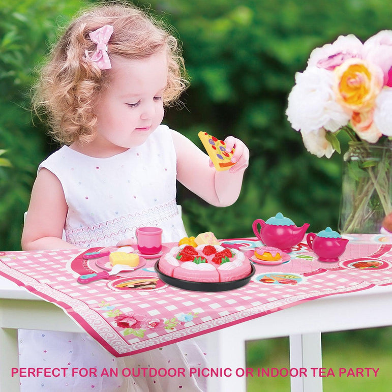 D-FantiX Kids Tea Set for Little Girls, 52Pcs Pretend Play Princess Tea Party Set for Toddlers Toy Tea Playset Play Food Accessories