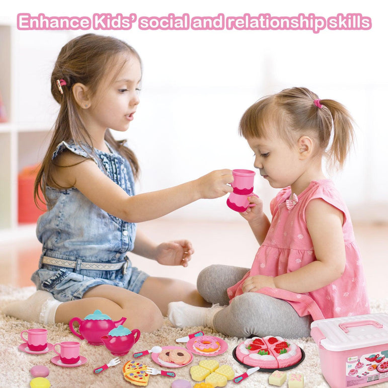 D-FantiX Kids Tea Set for Little Girls, 52Pcs Pretend Play Princess Tea Party Set for Toddlers Toy Tea Playset Play Food Accessories