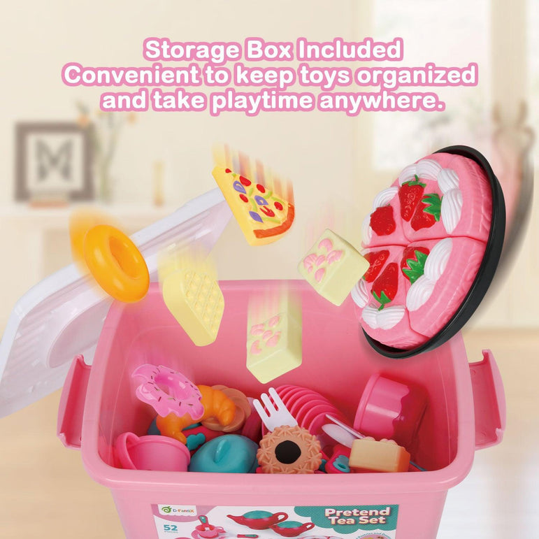 D-FantiX Kids Tea Set for Little Girls, 52Pcs Pretend Play Princess Tea Party Set for Toddlers Toy Tea Playset Play Food Accessories