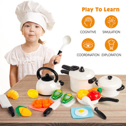 D-FantiX Pretend Play Toy Kitchen Accessories Kids White Plastic Cooking Pots and Pans Food Set