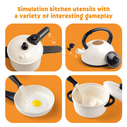D-FantiX Pretend Play Toy Kitchen Accessories Kids White Plastic Cooking Pots and Pans Food Set