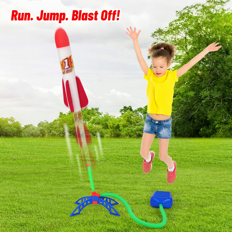 D-FantiX Jump Rocket Launcher for Kids, Air Rocket Toy with 6 LED Foam Rockets Outdoor Toys Outside Play Activities Gifts for Boys Girls Toddlers Age 3 4 5 6 7 8 9 10 Years Old